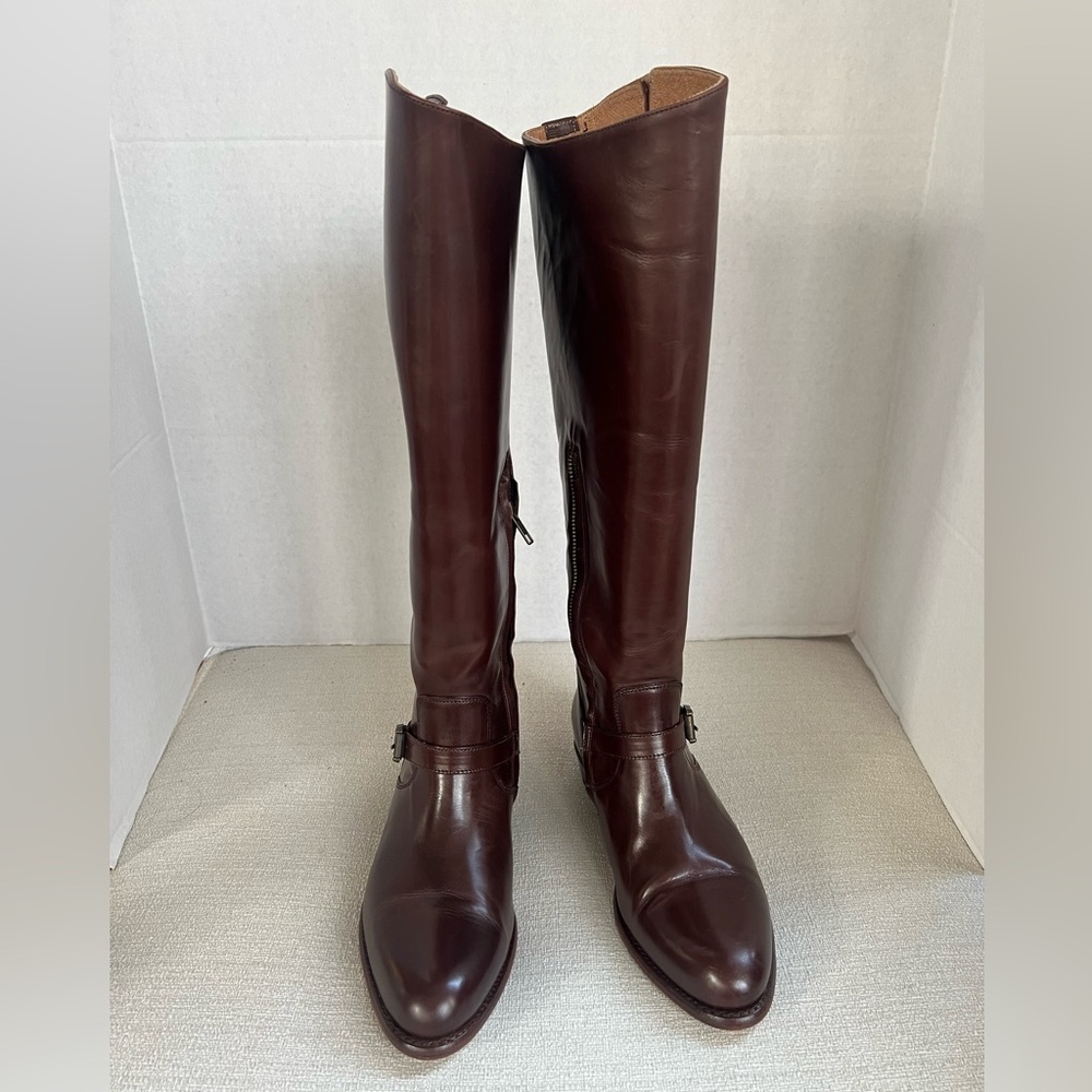 Frye Dorado Buckle Brown Tall Leather Boots 8 Box says 8.5 - Picture 2 of 15